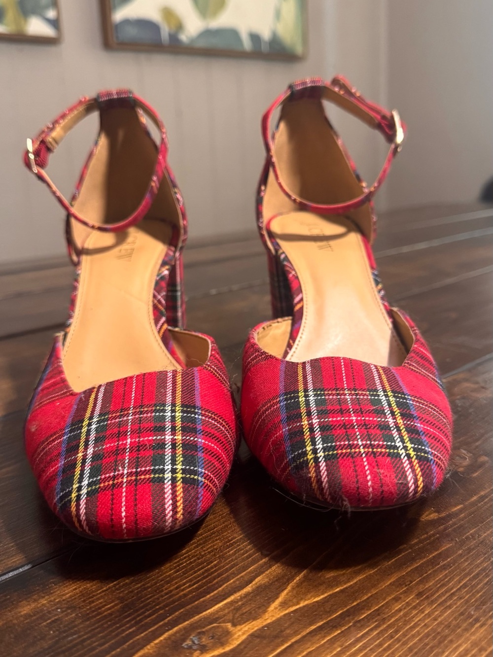 J. Crew Red tartan Plaid Ankle-Strap Block Heels 9.5